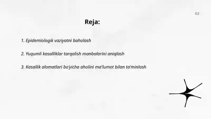 Yuqumli kasalliklarni chegaralab (cheklab) qo'yish (lokalizatsiyasi) va bartaraf (likvidasiya) etish bo'yicha chora tadbirlar majmui (kompleks) rejasini tuzish 2