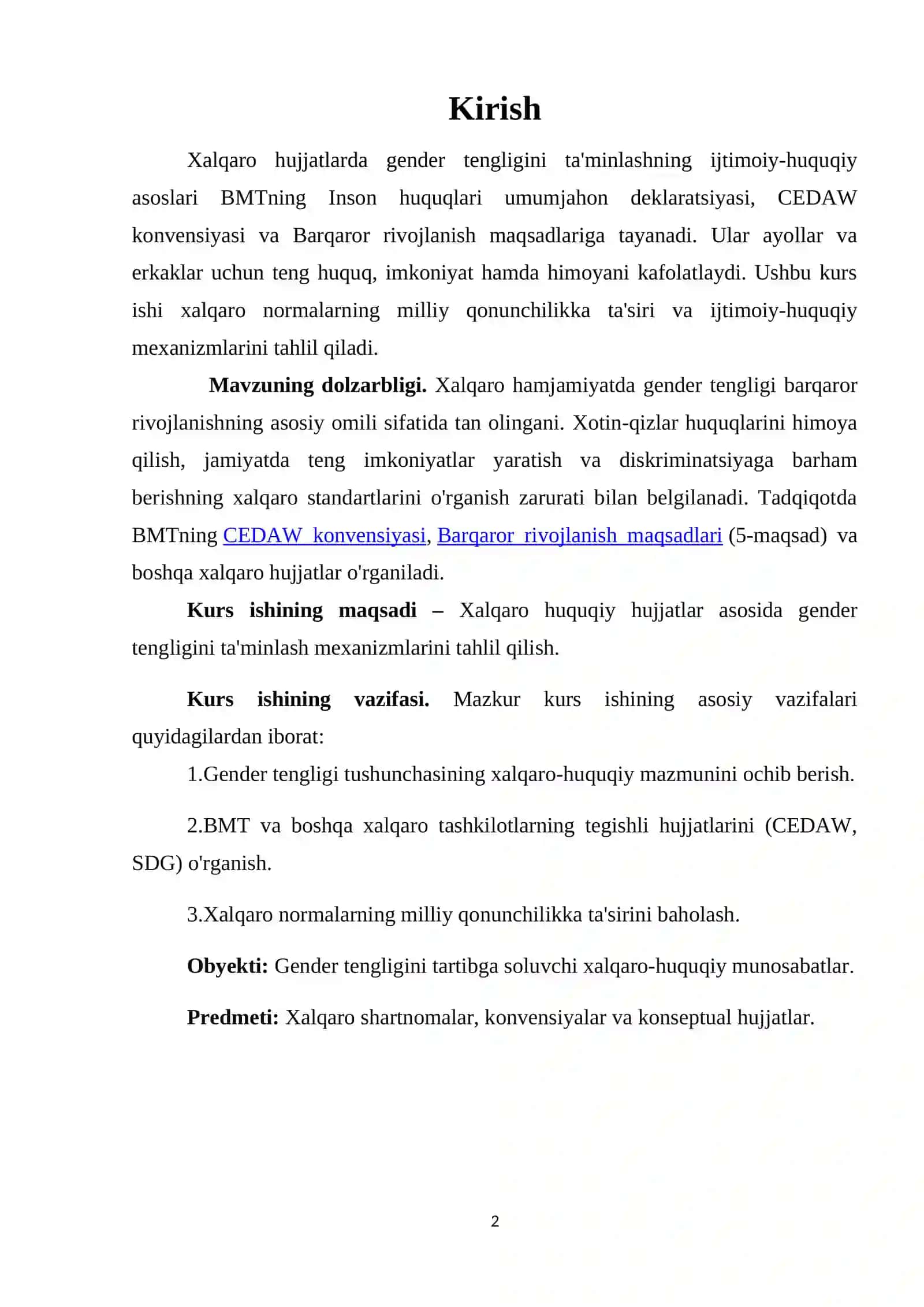Xalqaro hujjatlarda gender tengligini ta'minlashning ijtimoiy-huquqiy asoslari 2