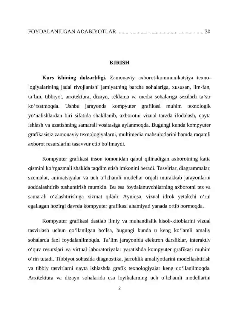 KOMPYUTER GRAFIKASINING ROLI VA UNING AMALIY SOHALARDA QO‘LLANILISHI KURS ISHI 2