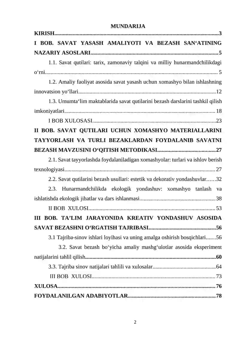 SAVAT QUTILARI UCHUN XOMASHYO MATERIALLAR TAYYORLASH VA TURLI BEZAKLARDAN FOYDALANIB SAVATNI BEZASH 2