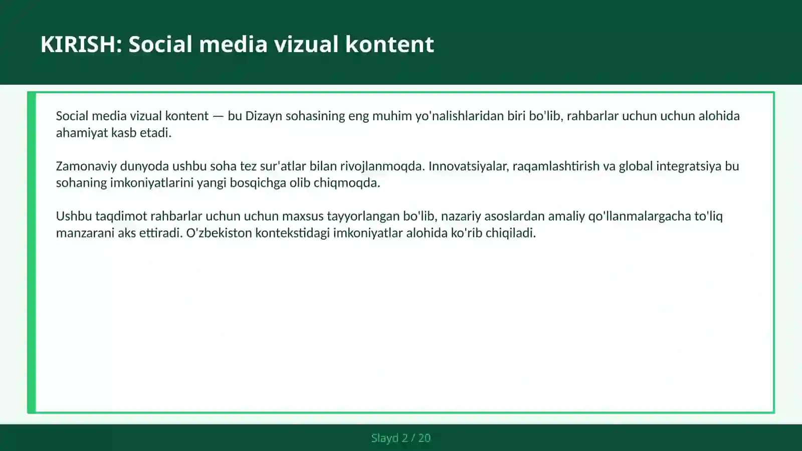 SOCIAL MEDIA VIZUAL KONTENT Template, Canva va brend tovush — rahbarlar uchun 2