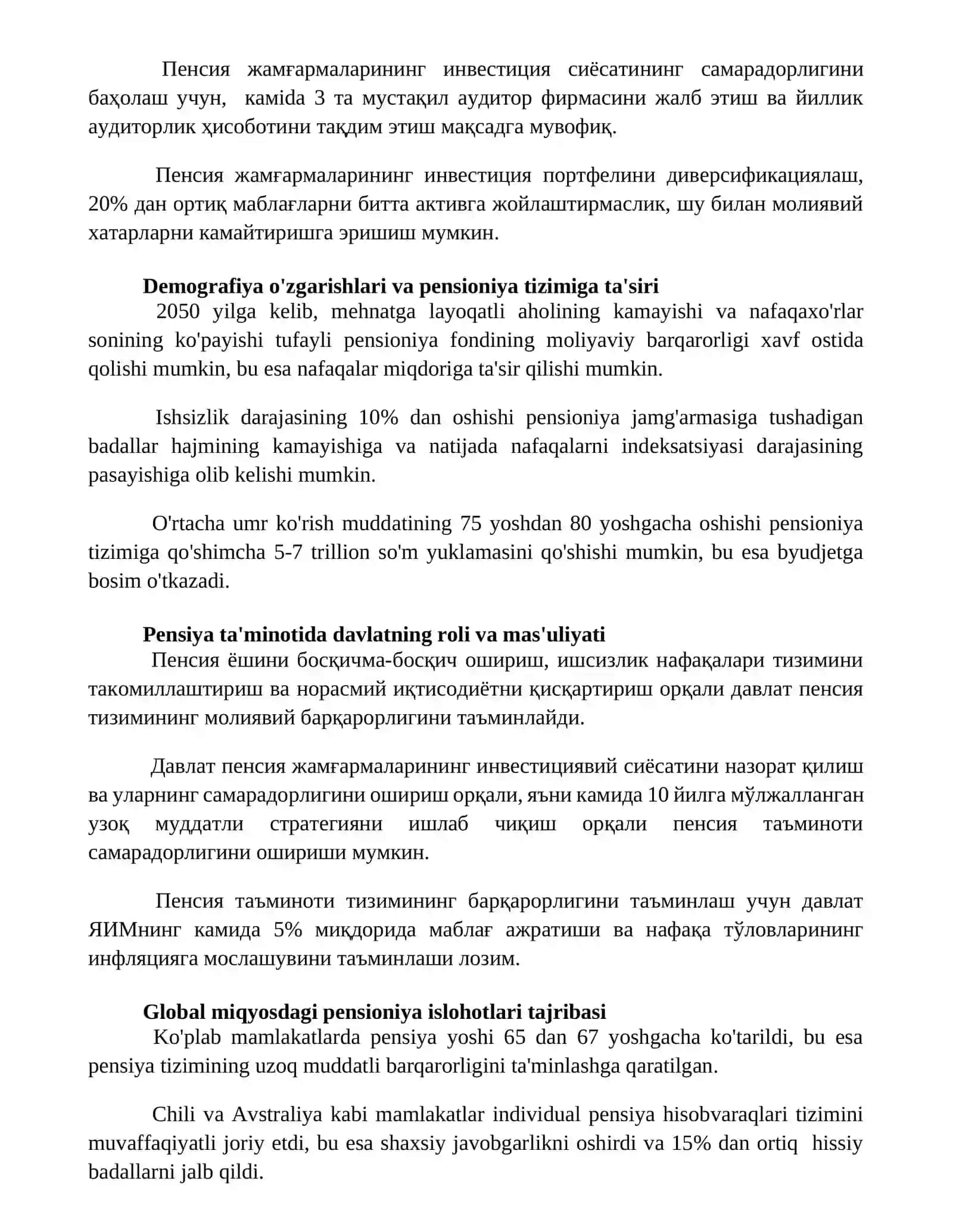 Kelajakda pensiya ta'minoti tizimining istiqbollarini shakllantirish 2