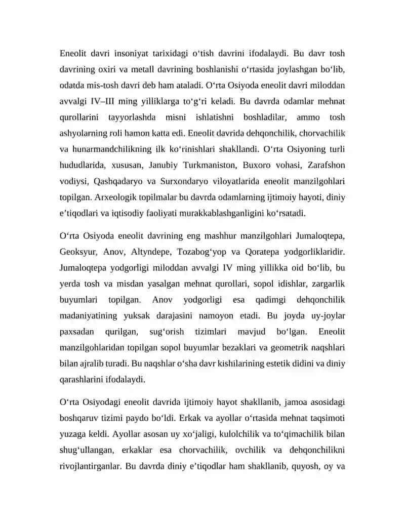 O‘RTA OSIYODAGI ENEOLIT DAVRI IBTIDOIY MANZILGOHLARI 2