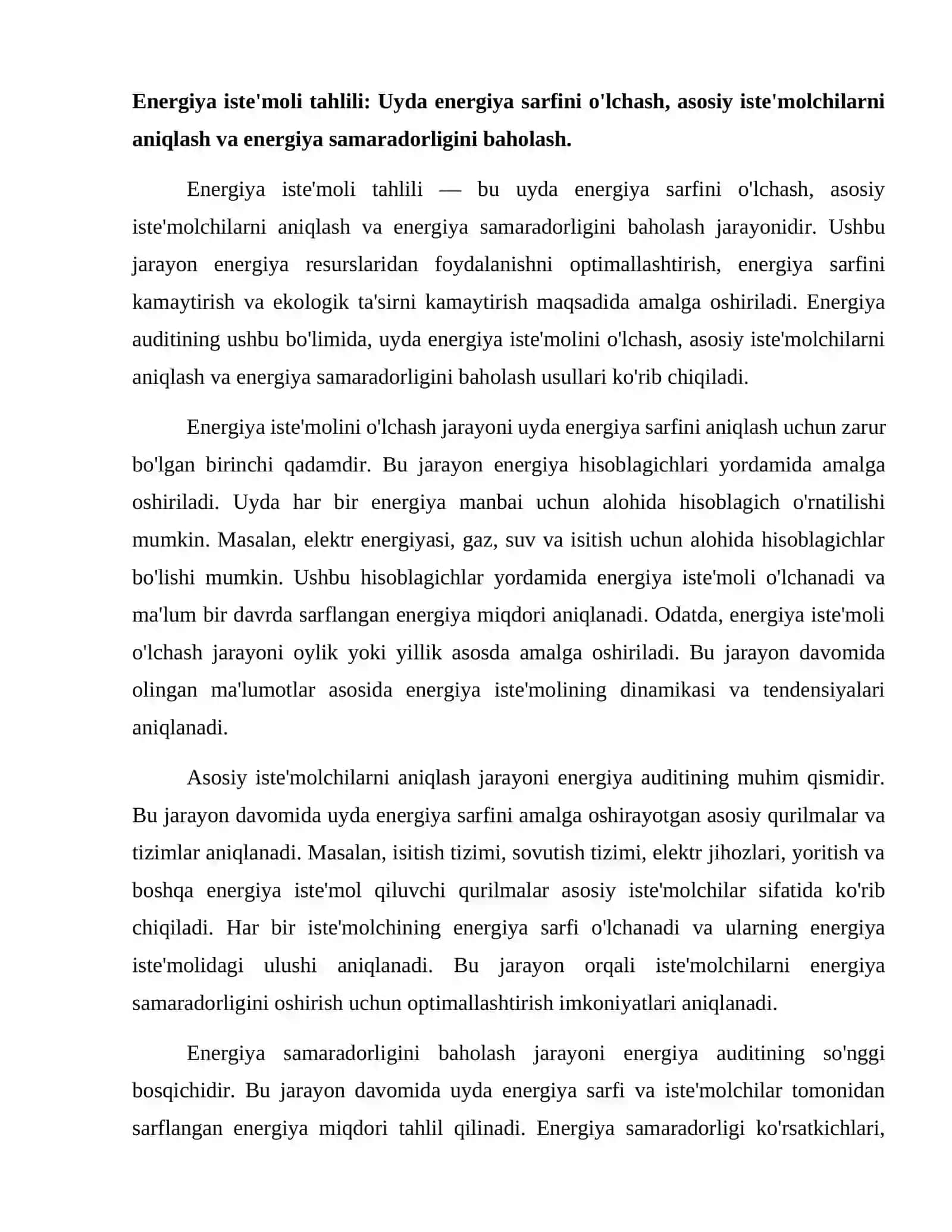 Rekuperatsiya tizimi bo'lgan uylamning energiya auditi. 2