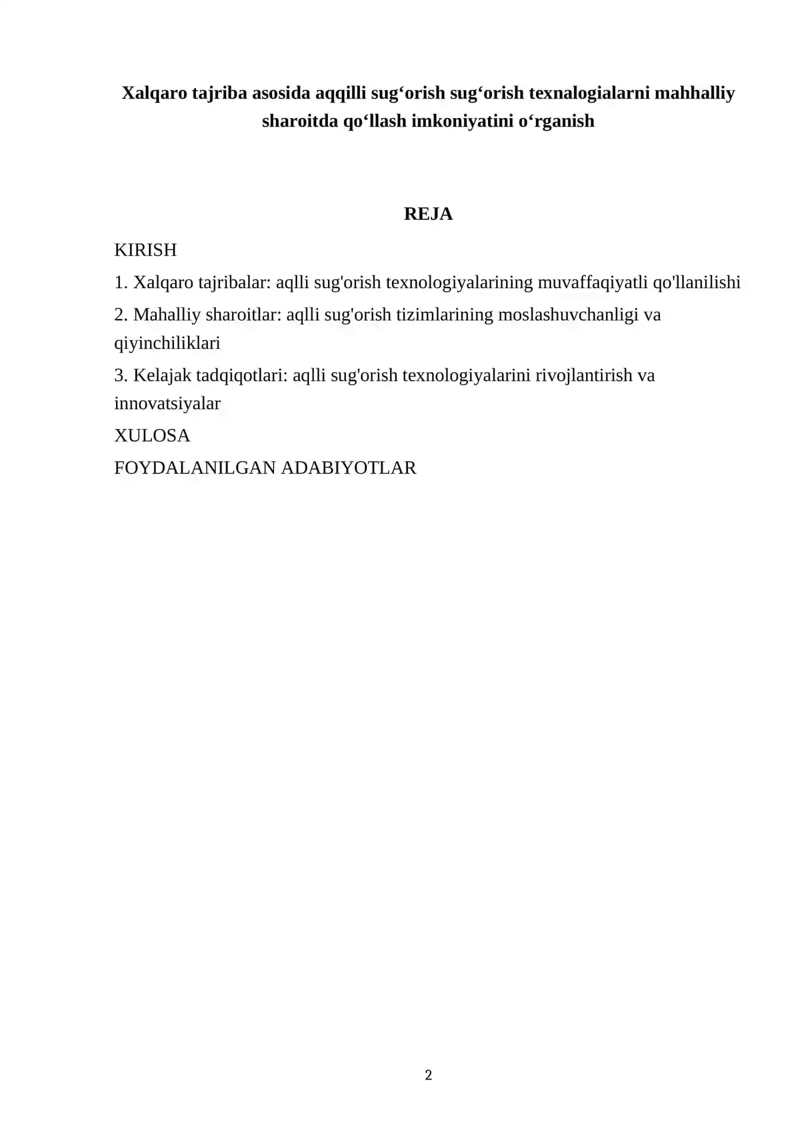 Xalqaro tajriba asosida aqqilli sugʻorish sugʻorish texnalogialarni mahhalliy sharoitda qoʻllash imkoniyatini oʻrganish 2