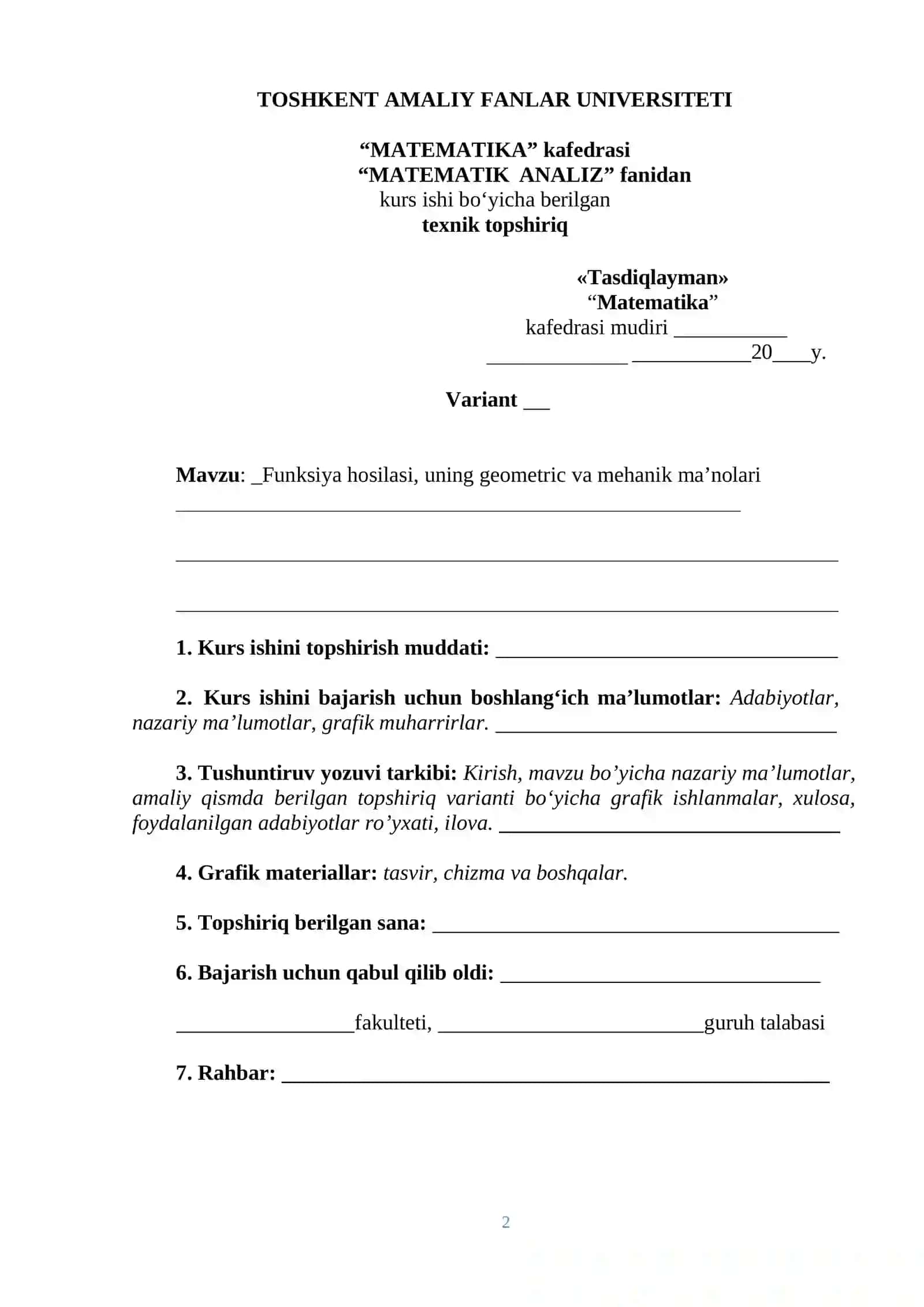 FUNKSIYA HOSILASI, UNING GEOMETRIK VA MEXANIK MA’NOLARI 2