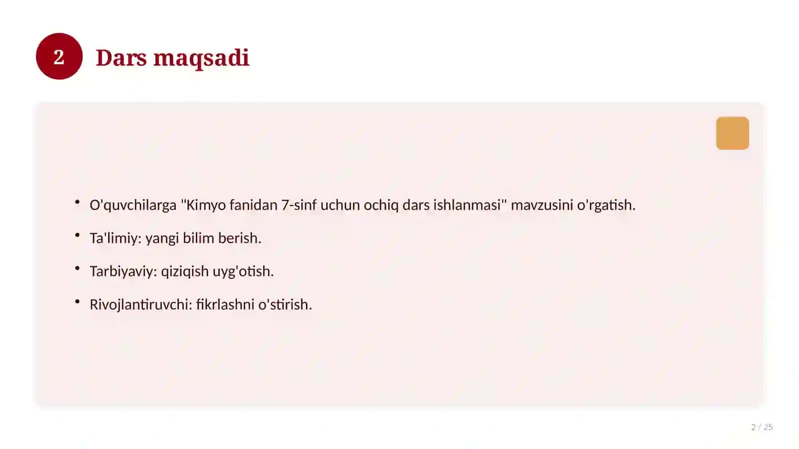 Kimyo fanidan 7-sinf uchun ochiq dars ishlanmasi 2