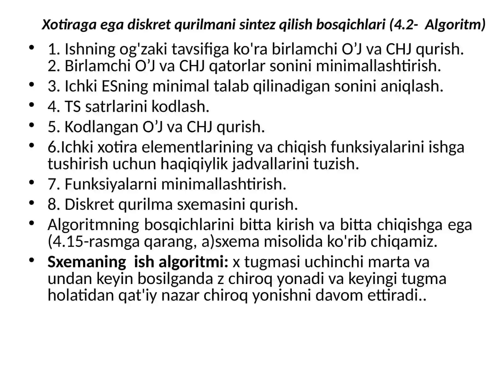 Chekli avtomatlar (CHA)  sintezining bosqichlari. O‘tish jadvalini minimizatsiyasi 2