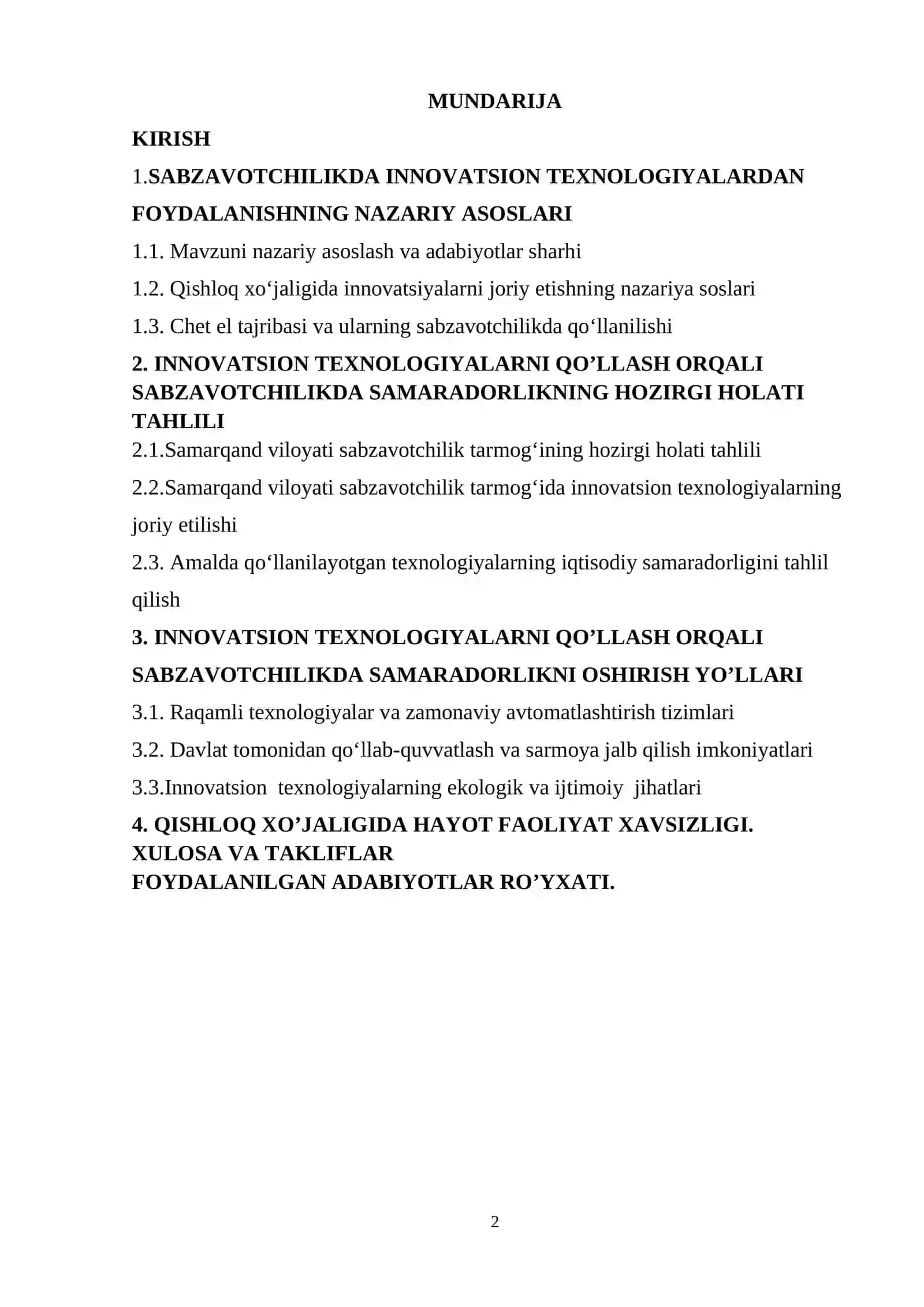 Sabzavotchilikda innovatsion texnologiyalardan foydalanish samaradorligi 2