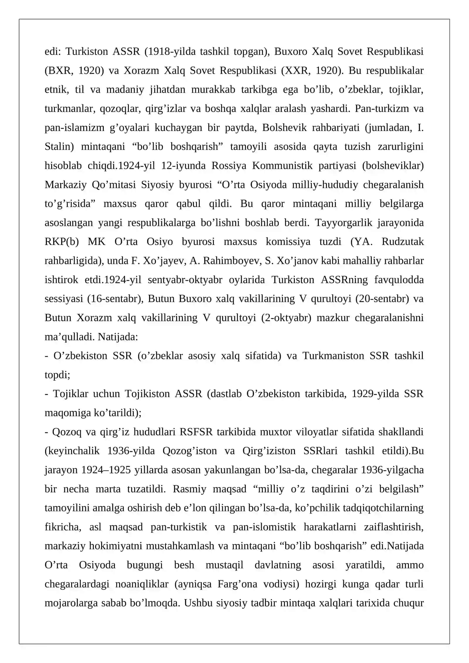 O’rta Osiyoda olib borilgan milliy-hududiy chegaralanish 2