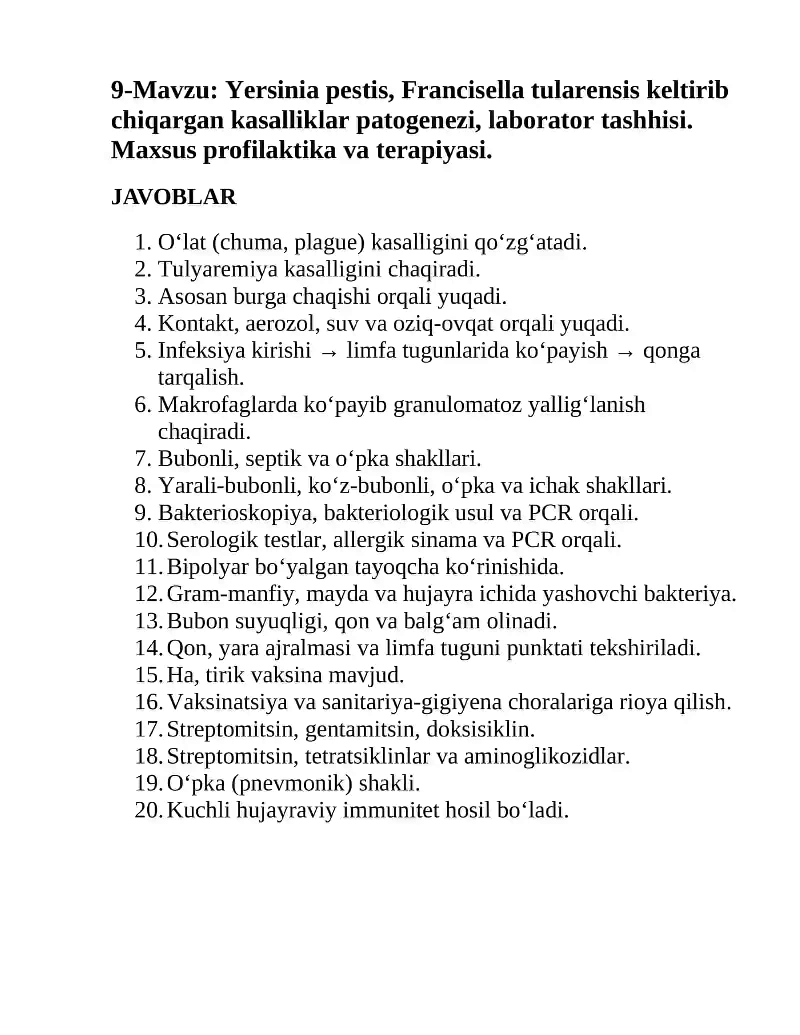 Yersinia pestis, Francisella tularensis keltirib chiqargan kasalliklar patogenezi, laborator tashhisi. Maxsus profilaktika va terapiyasi 2