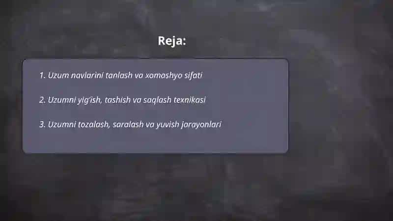 Uzumdan sharbat, qiyom, murabova sharob tayorlash texnalogiyasi 2