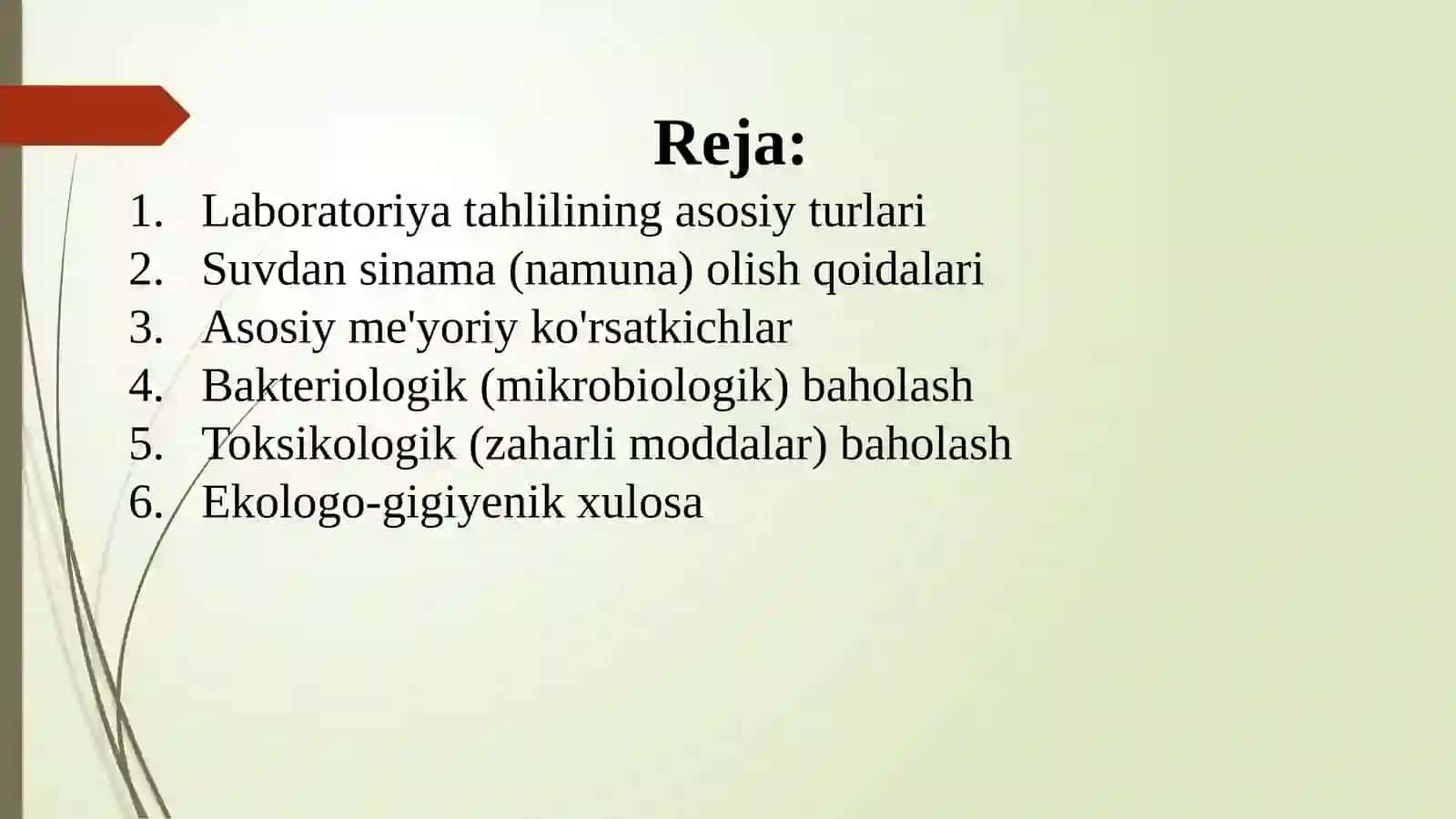 Suvdan sinama olish, ichimlik suvi sifatining laboratoriya tahlili va sifatini ekologo-gigiyenik bah 2