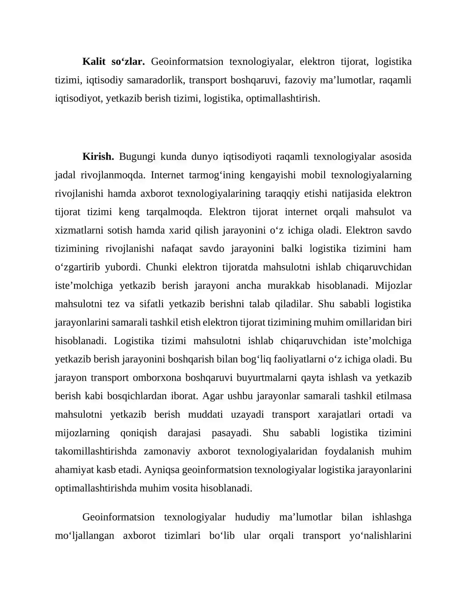 Geoinformatsion texnologiyalar asosida elektron tijorat logistikasini optimallashtirish va uning iqtisodiy samaradorligi 2