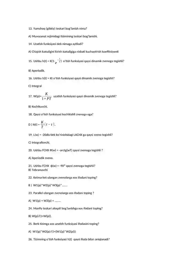 Avtomatik boshqarish nazariyasi fanidan Yakuniy test savollari 2