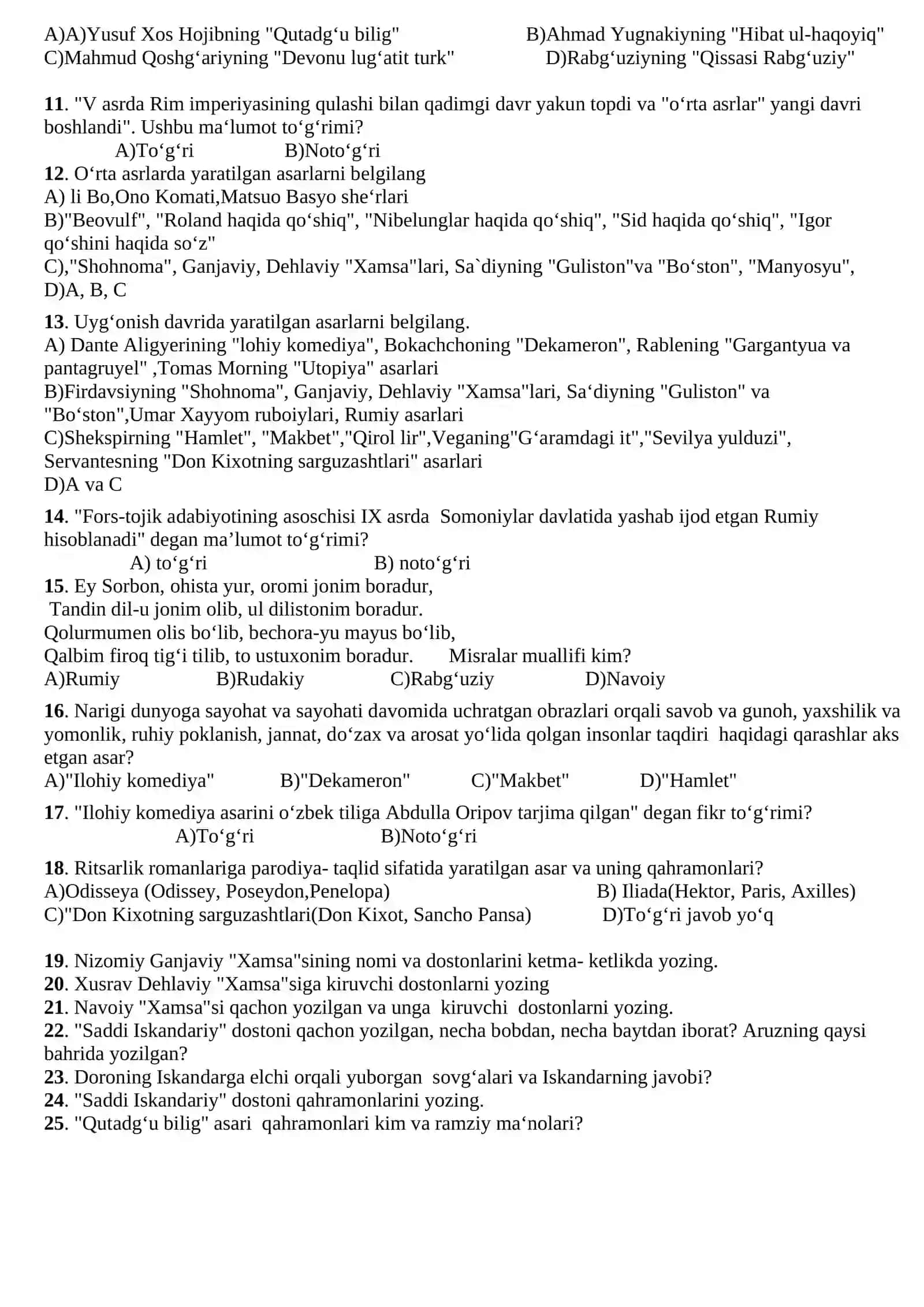 Test. 10-sinf. Adabiyot. II chorak yakuni uchun 2