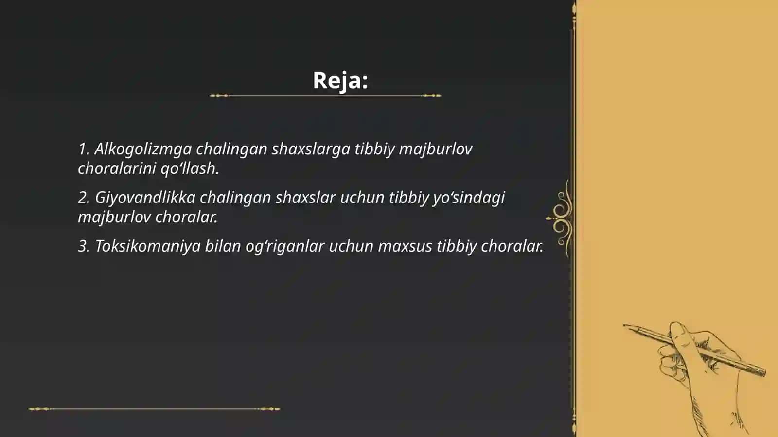 Alkogolizm, giyovandlik, toksikomaniya bilan kasallangan shaxslarga nisbatan tibbiy yo‘sindagi majburlov choralarni tayinlash, bunday choralarni uzaytirish, o‘zgartirish va bekor qilish 2