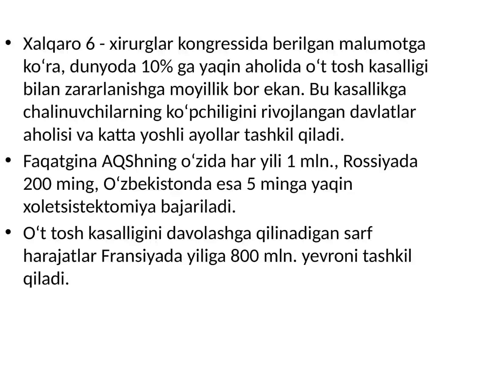 Surunkali xoletsistit. Klinikasi, diagnostikasi, davolash usullari. Talaba o‘t tosh kasalligi (UTK) haqida tushunchani, xoletsistolitiazni va uni asoratlarining tasnifi 2