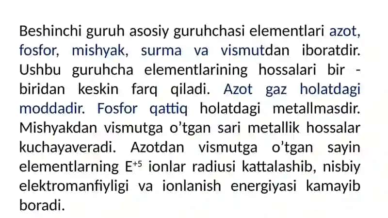 Davriy sistemaning beshinchi asosiy guruxcha elementlarining umumiy xarakteristikasi 2