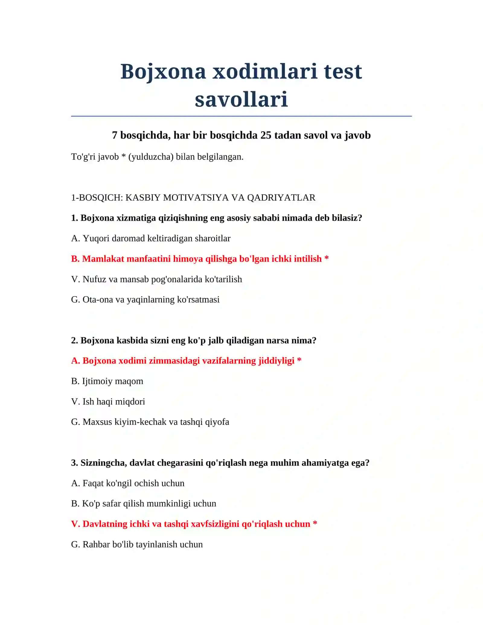 Bojxona xodimlari test savollari 2