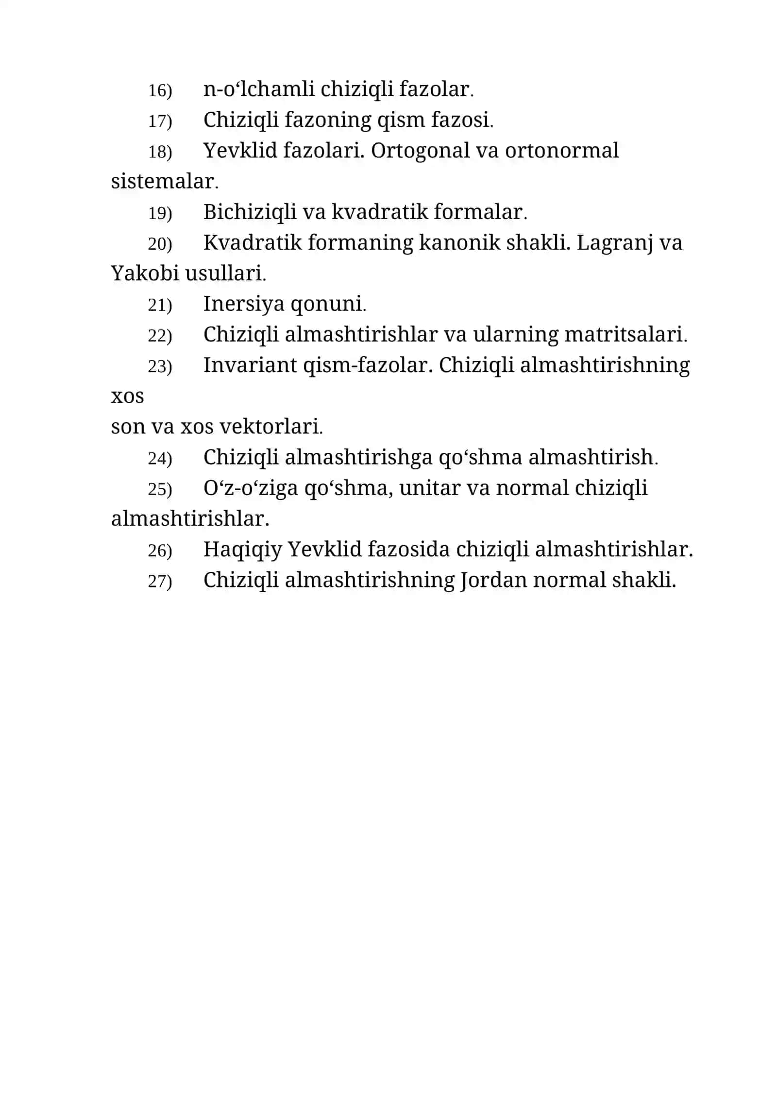 Algebra va matematik analiz fanidan kurs ishi uchun mavzular ro’yxati 2