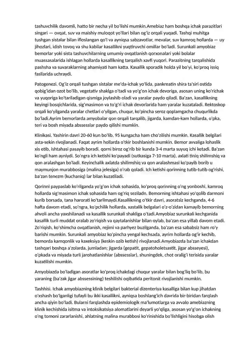 GELMINTOZLAR. PROTOZOY KASALLIGI, AMYOBIAZ, LYAMBLIOZ, TOKSOPLAZMOZ, ASKARIDOZ, ENTEROBIOZ, EXINOKOKKOZ 2