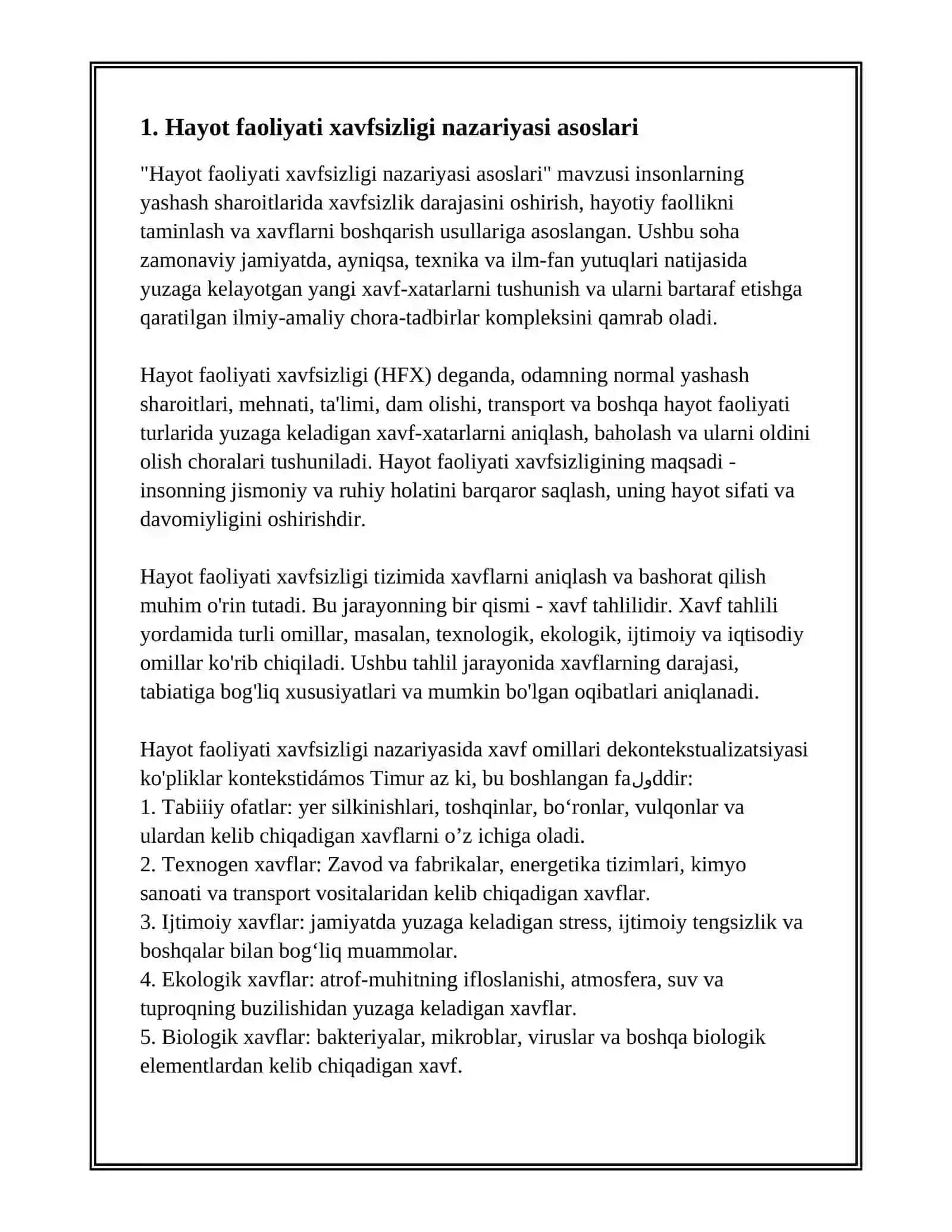 HAYOT FAOLIYATI XAVFSIZLIGI NAZARIY ASOSLARI 2