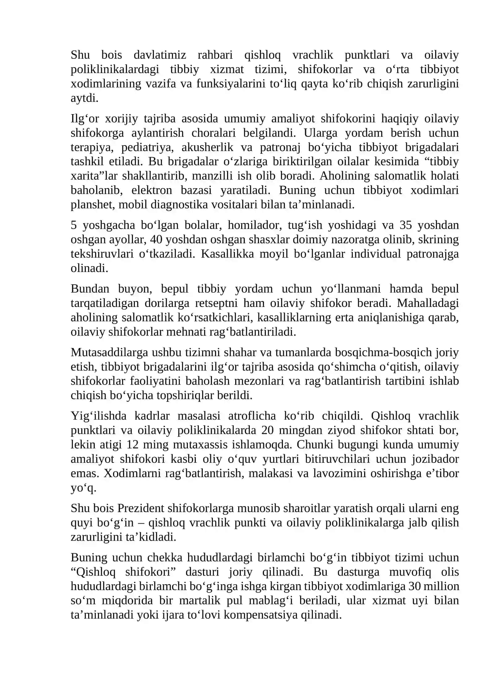 Sog‘liqni saqlash tizimining birlamchi bo‘g‘inini takomillashtirish choralari 2