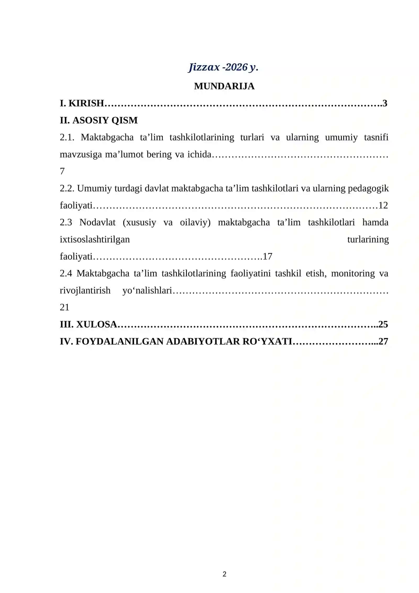Maktabgacha ta'lim tashkiloti turlari va uning faoliyati mavzusida 2