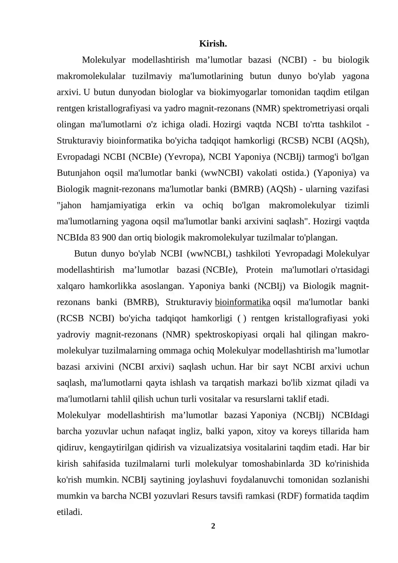 NCBI-MOLEKULALARNI MODELLASHTIRISH BOYICHA MA’LUMOTLAR BAZALARI 2