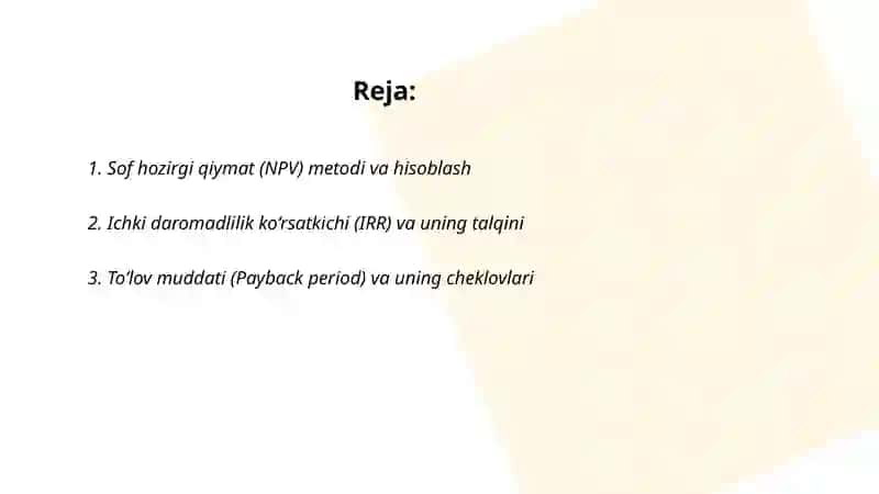 Investitsion loyihalarning iqtisodiy samaradorlik ko'rsatkichlari 2