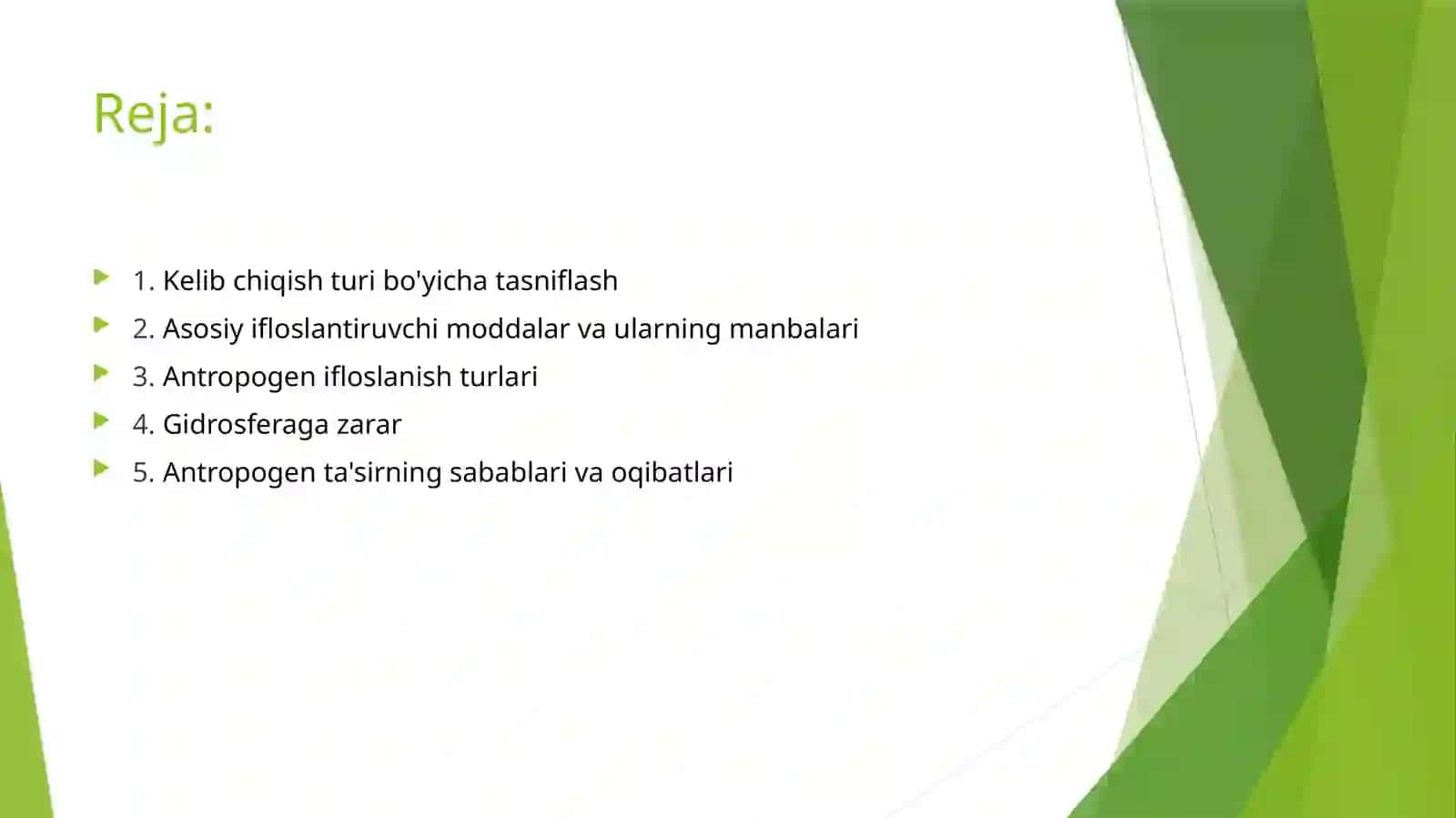 EkologiyaAntropogen ifloslanishning tasnifi va turlari va inson faoliyati atrof-muhitga ta'sirining asosiy oqibatlari 2