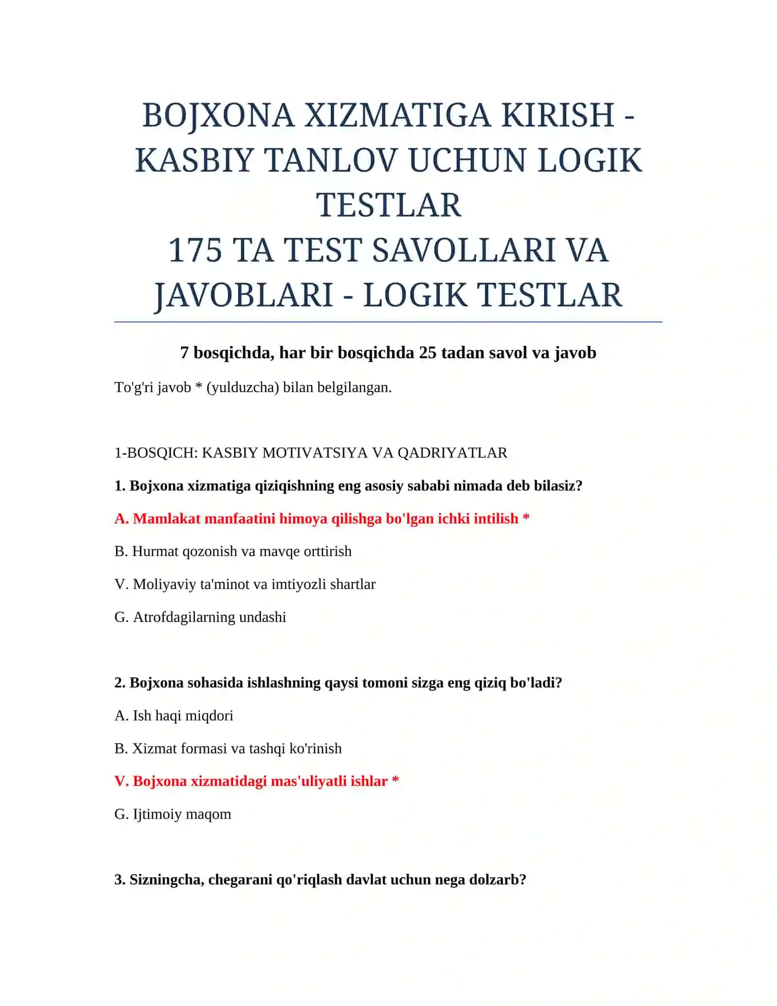 BOJXONA XIZMATIGA KIRISH - KASBIY TANLOV UCHUN LOGIK TESTLAR 2
