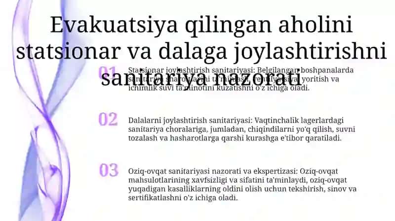 Favqulotda Vaziyatlar Va QoʼShinlar Paytida Evakuatsiya Qilingan Aholining Statsionar Va Dala Joylarida Joylashtirishni Sanitariya Nazorati.Oziq -Ovqat Mahsulotlarini Sanitariya Nazorati.Oziq 2