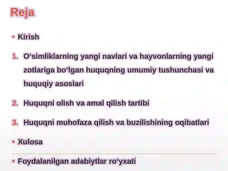 O‘simliklarning yangi navlari va hayvonlarning yangi zotlariga bo‘lgan huquq 2