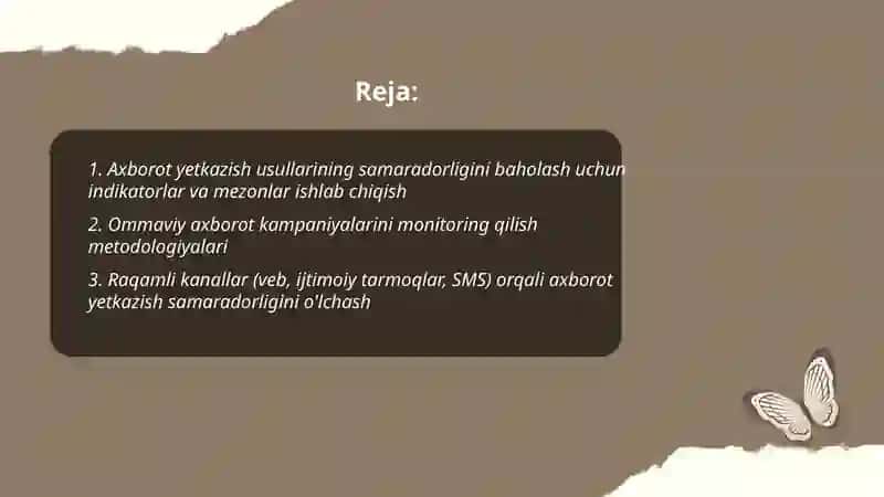 Sog'lom turmush tarzini shakllantirish bóyicha aholiga axborot yetkazish usullari olib borilgan ishlarni monitoring qilish va baholash 2