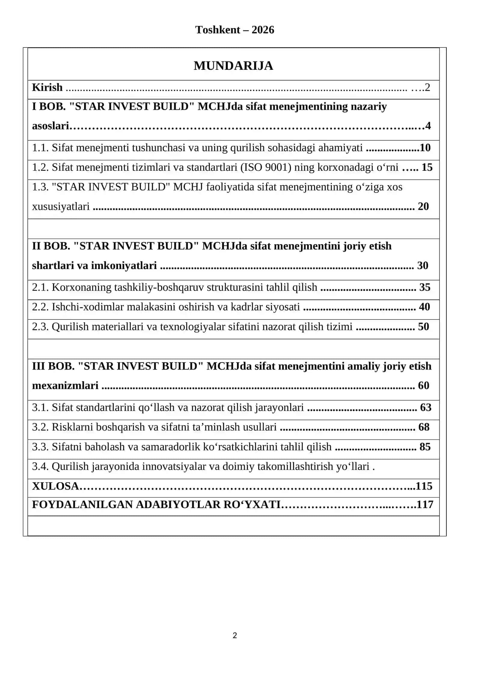 Mavzu“Qurilish korxonasida sifat menejmentini joriy etish mexanizmlari” ("STAR INVEST BUILD" MCHJ MISOLIDA) 2