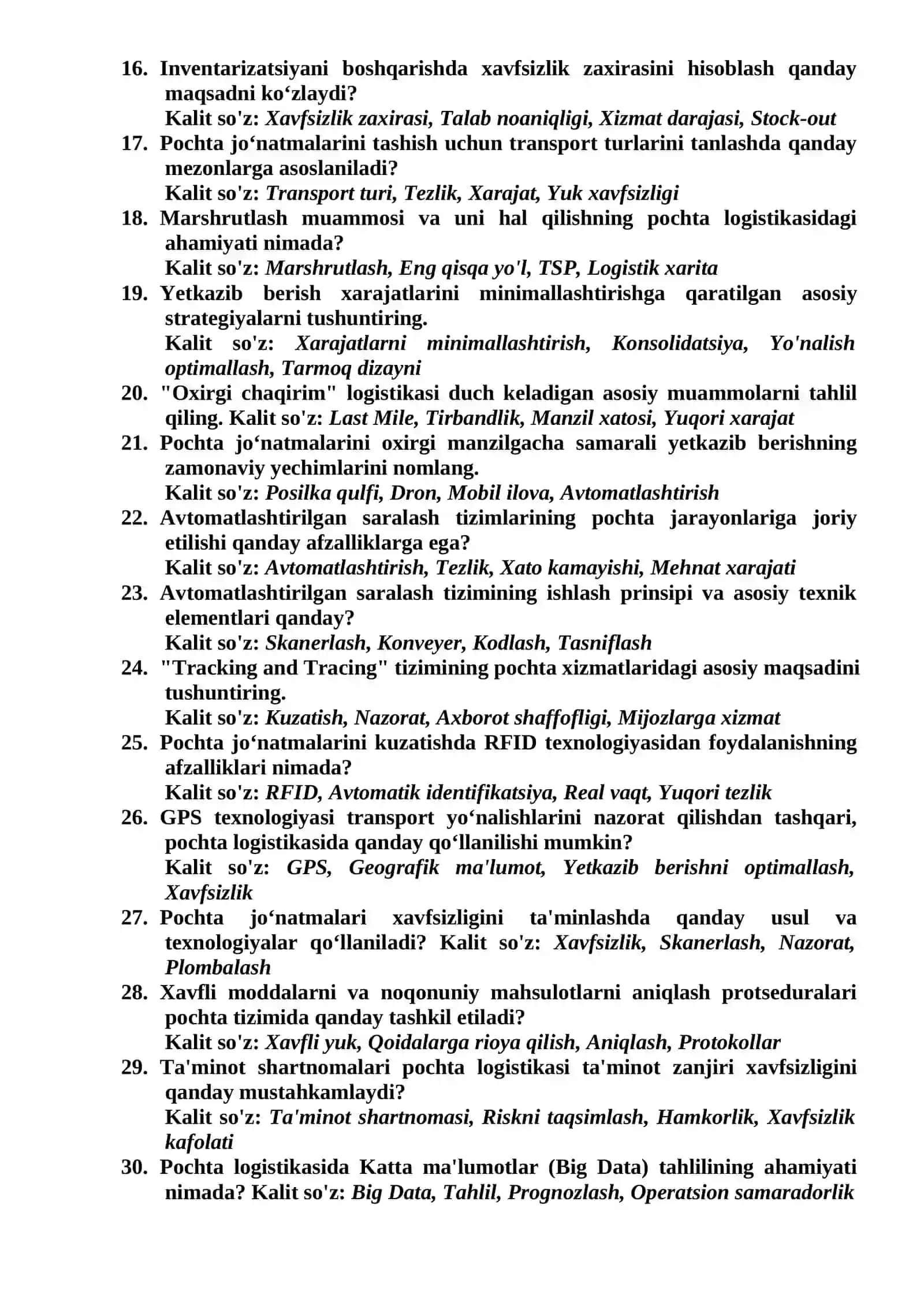 Pochta logistikasi fanidan oraliq nazorat savollari 2