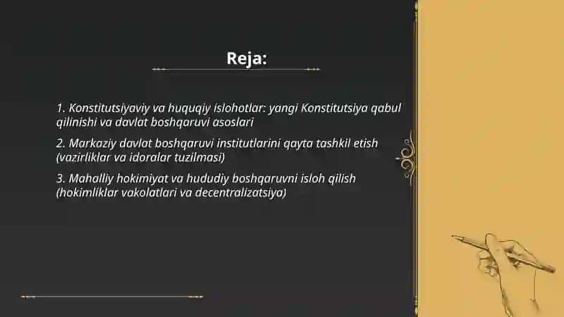 Mustaqillik yillarida davlat boshqaruvi tizimida amalga oshirilgan islohotlar 2