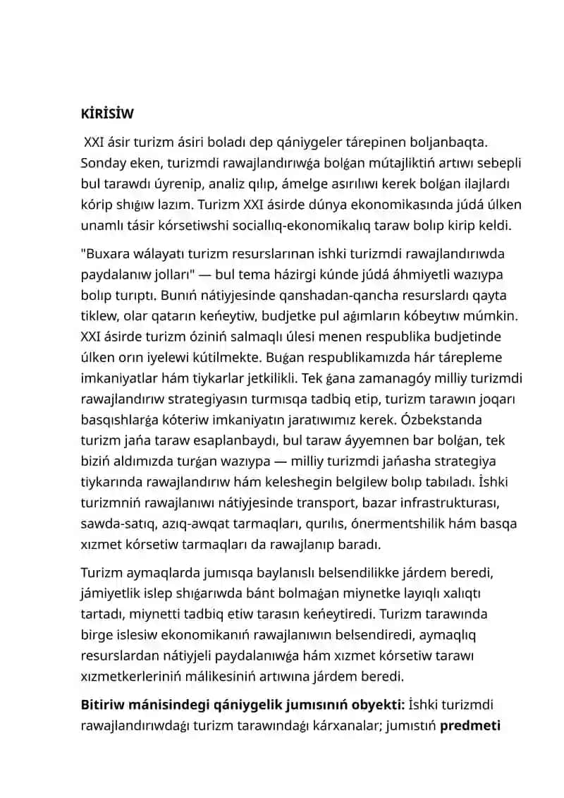 Ózbekstanda jaslar turizmi: mazmuni hám imkaniyatları. 2