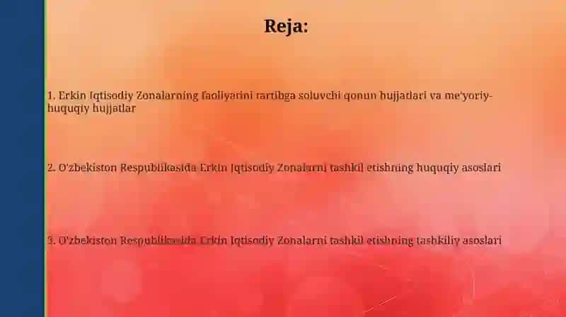 Erkin Iqtisodiy Zonalarning faoliyatini tartibga soluvchi qonun hujjatlari va me'yoriy-huquqiy hujatlar 2