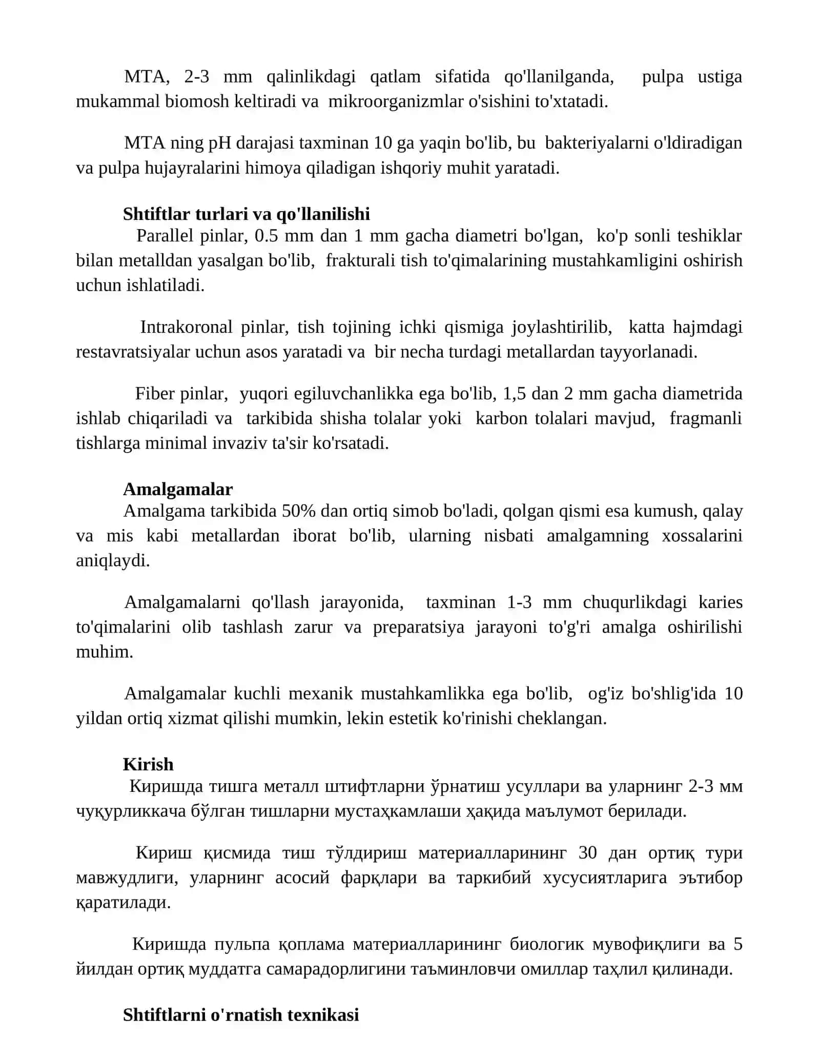 Tosh materiallari, Pulpa qoplama materiallari va shtiftlar 2