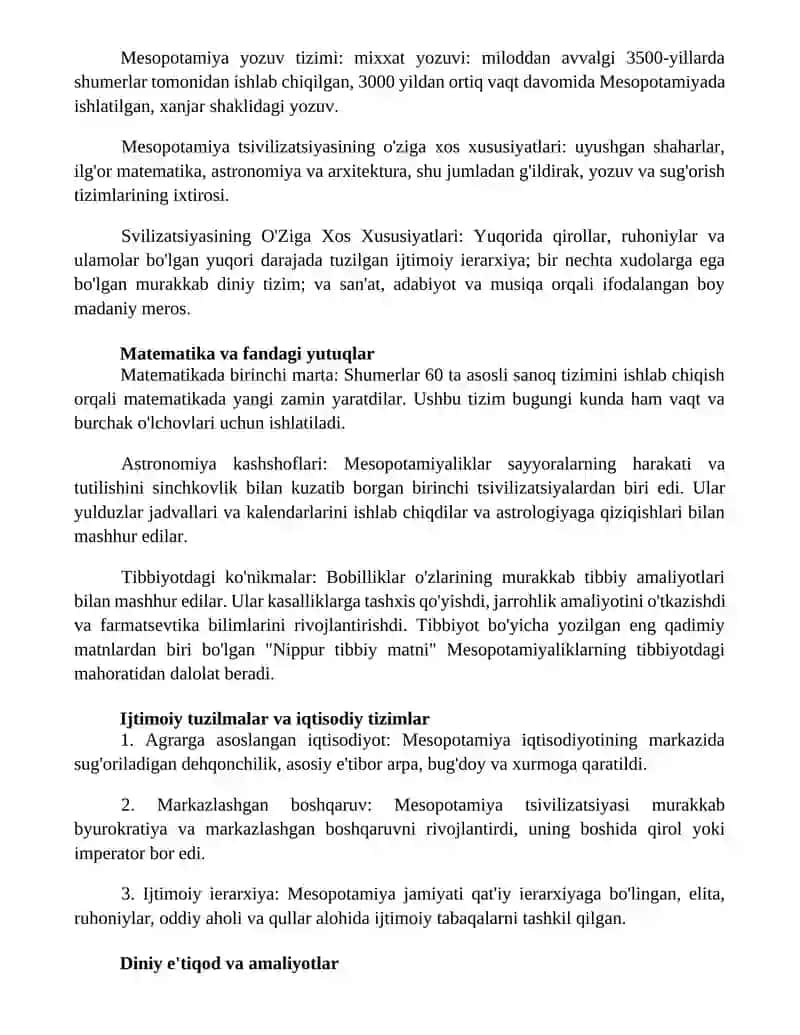 Mesopotamiya Svilizatsiyasining O'Ziga Xos Xususiyatlari 2