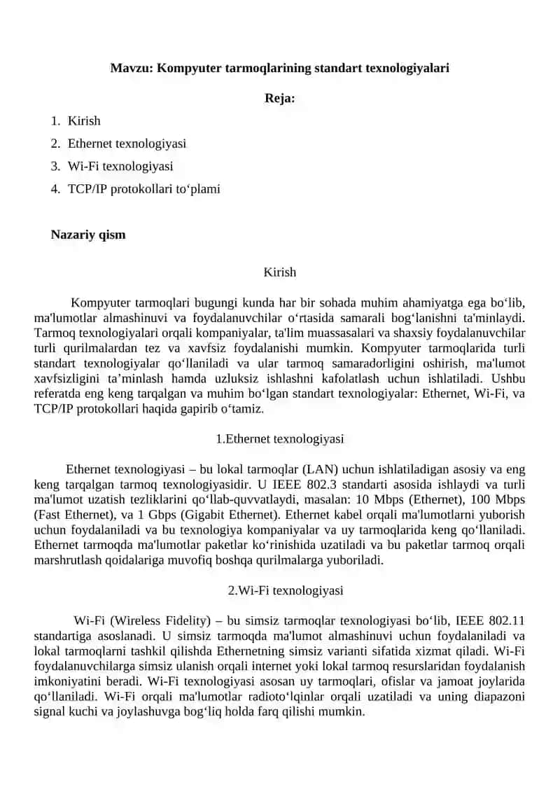 Kompyuter tarmoqlarining standart texnologiyalari 2