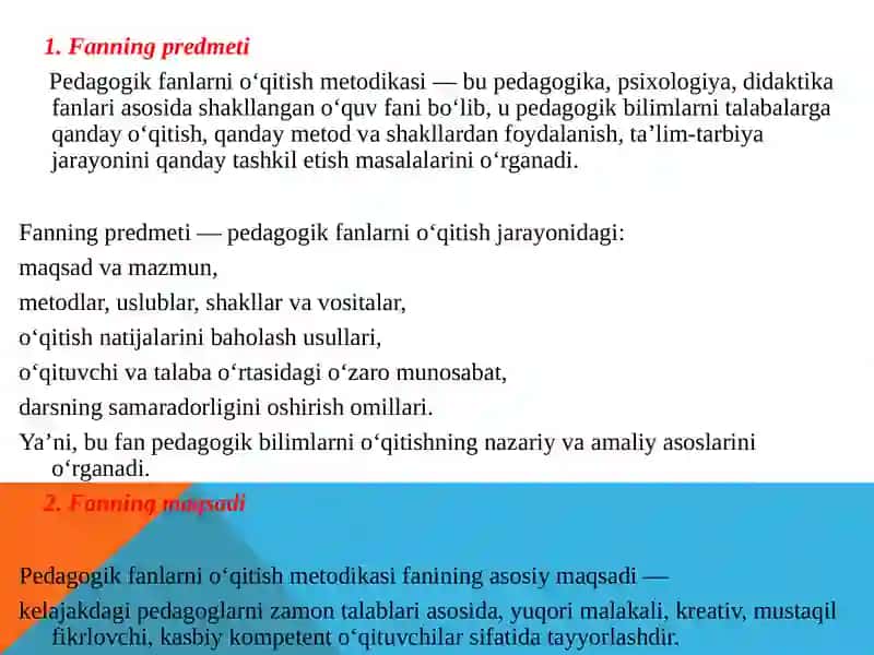 Pedagogik fanlarni o‘qitish metodikasi fanining predmeti, maqsad va vazifalari. 2