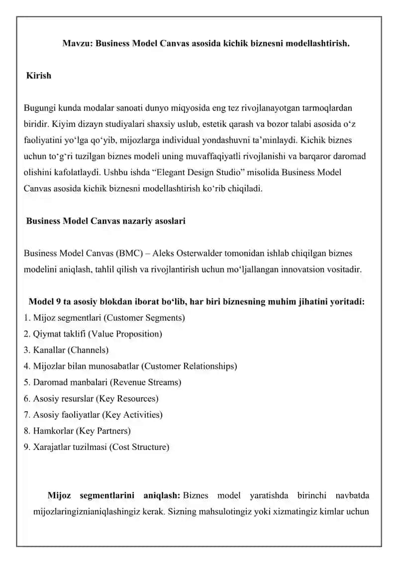 Business Model Canvas asosida kichik biznesni modellashtirish. 2
