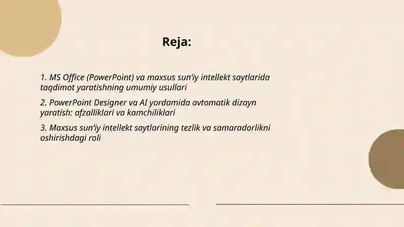 Ms office xizmatlari va maxsus sun‘iy intellekt saytlari yordamida zamonaviy taqdimot yaratish usullari afzalliklar va kamchiliklari 2