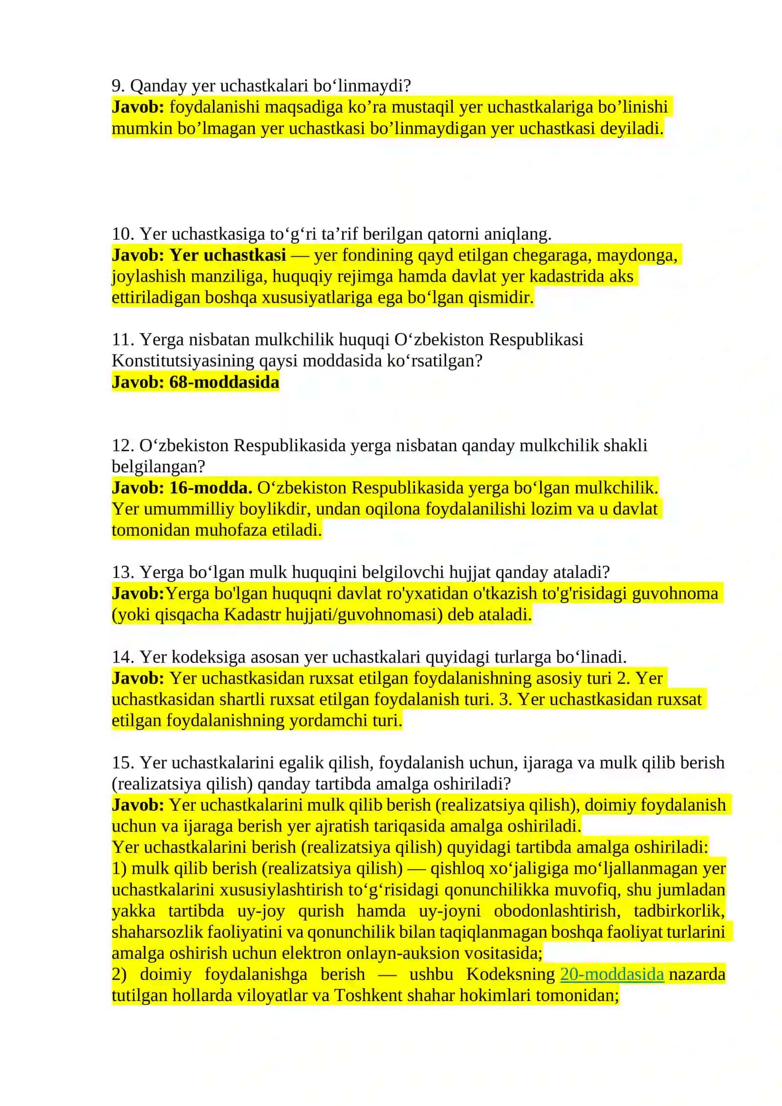 Yer huquqi fanidan oraliq nazoratidan taxminiy savollar ro’yxati 2