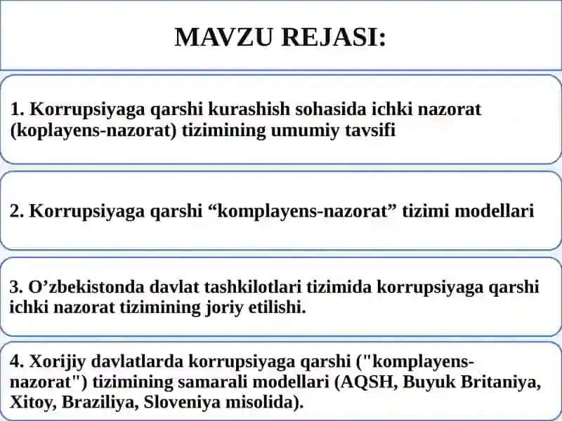 KORRUPSIYAGA QARSHI KURASHISH SOHASIDA ICHKI NAZORAT (KOMPLAYENS NAZORAT) TIZIMI 2
