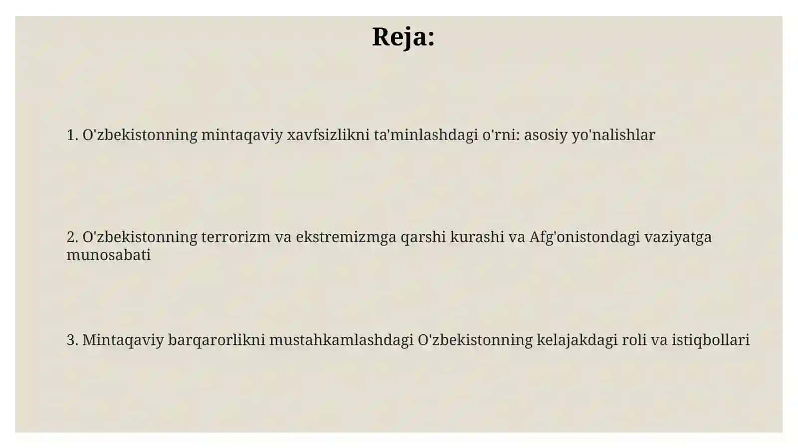O'zbekistonning markaziy Osiyoda tinchlik va barqarorlikni ta'minlash o'rni 2